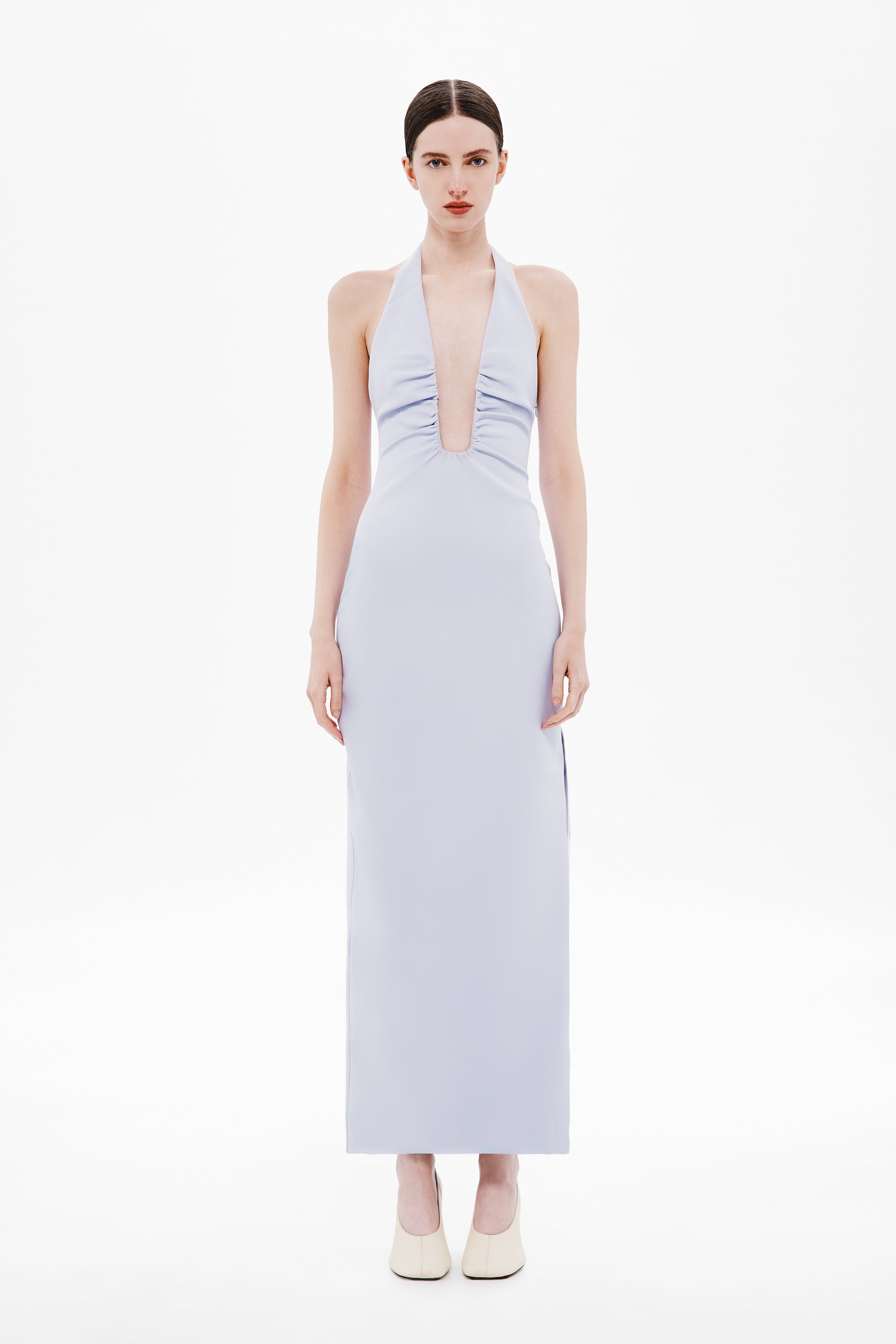 THE LUSI crepe dress, lilac halter with deep V front, fitted waist, midi length