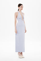 THE LUSI crepe dress lilac, halter with deep V, column silhouette, midi length