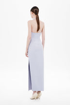 THE LUSI crepe dress lilac, open back halter straps, back slit at hem