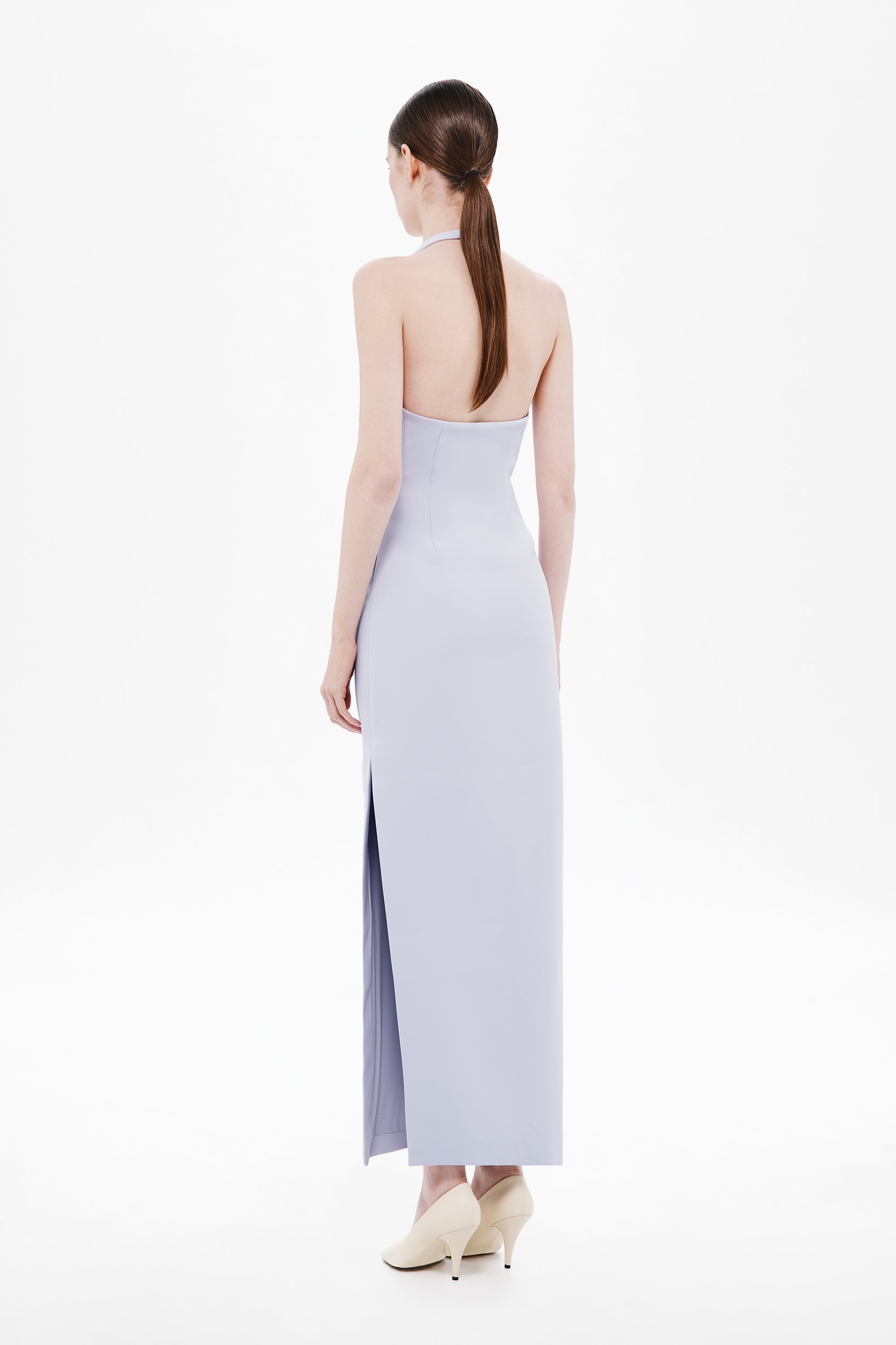 THE LUSI crepe dress lilac, open back halter straps, back slit at hem