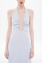 THE LUSI crepe dress close-up, lilac halter neckline with cutout V and ruched seams