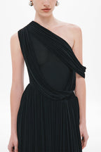 Black diagonal one-shoulder drape bodice and pleated maxi skirt, sleeveless