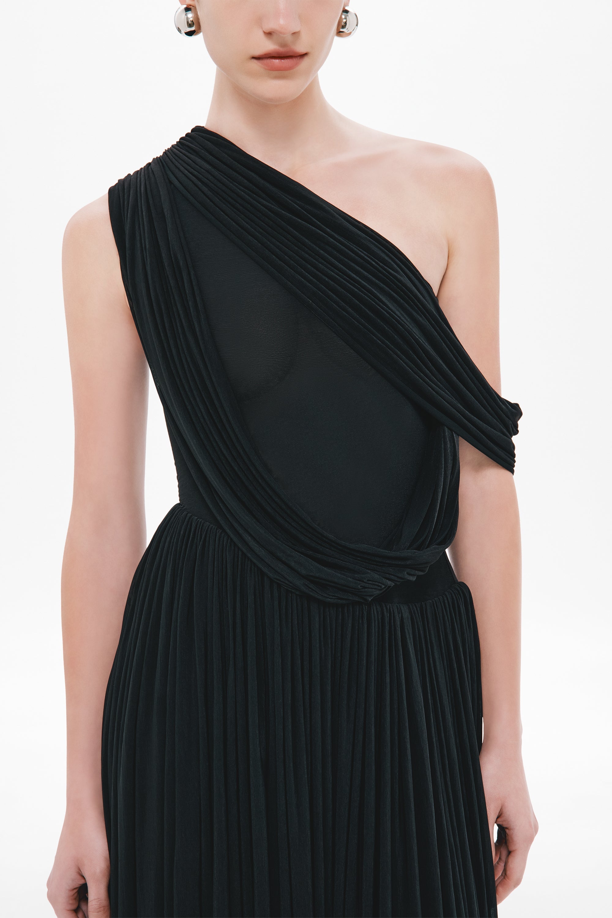 Black diagonal one-shoulder drape bodice and pleated maxi skirt, sleeveless