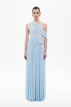 Cornflower one-shoulder maxi dress with draped scarf-style bodice and pleated skirt