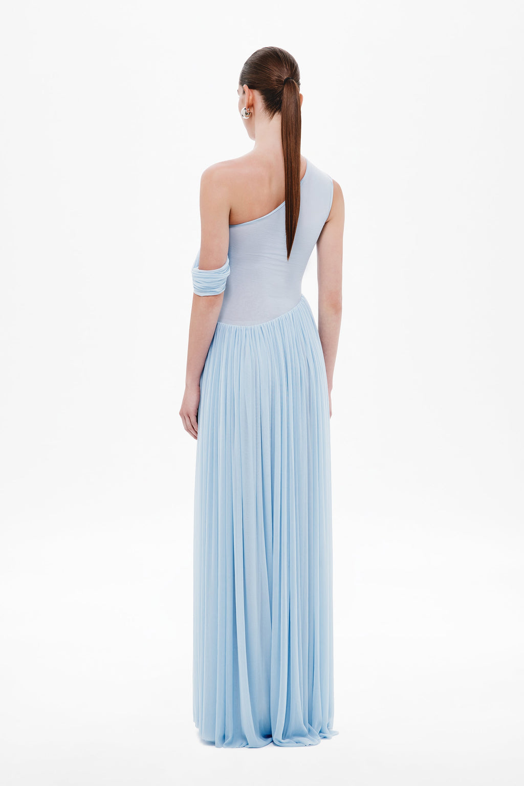 Cornflower sleeveless maxi dress with crossed back straps and pleated skirt