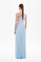 Cornflower sleeveless maxi dress with crossed back straps and pleated skirt