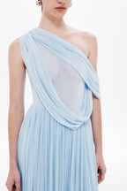 Cornflower one-shoulder pleated maxi dress with draped neckline and gathered waist