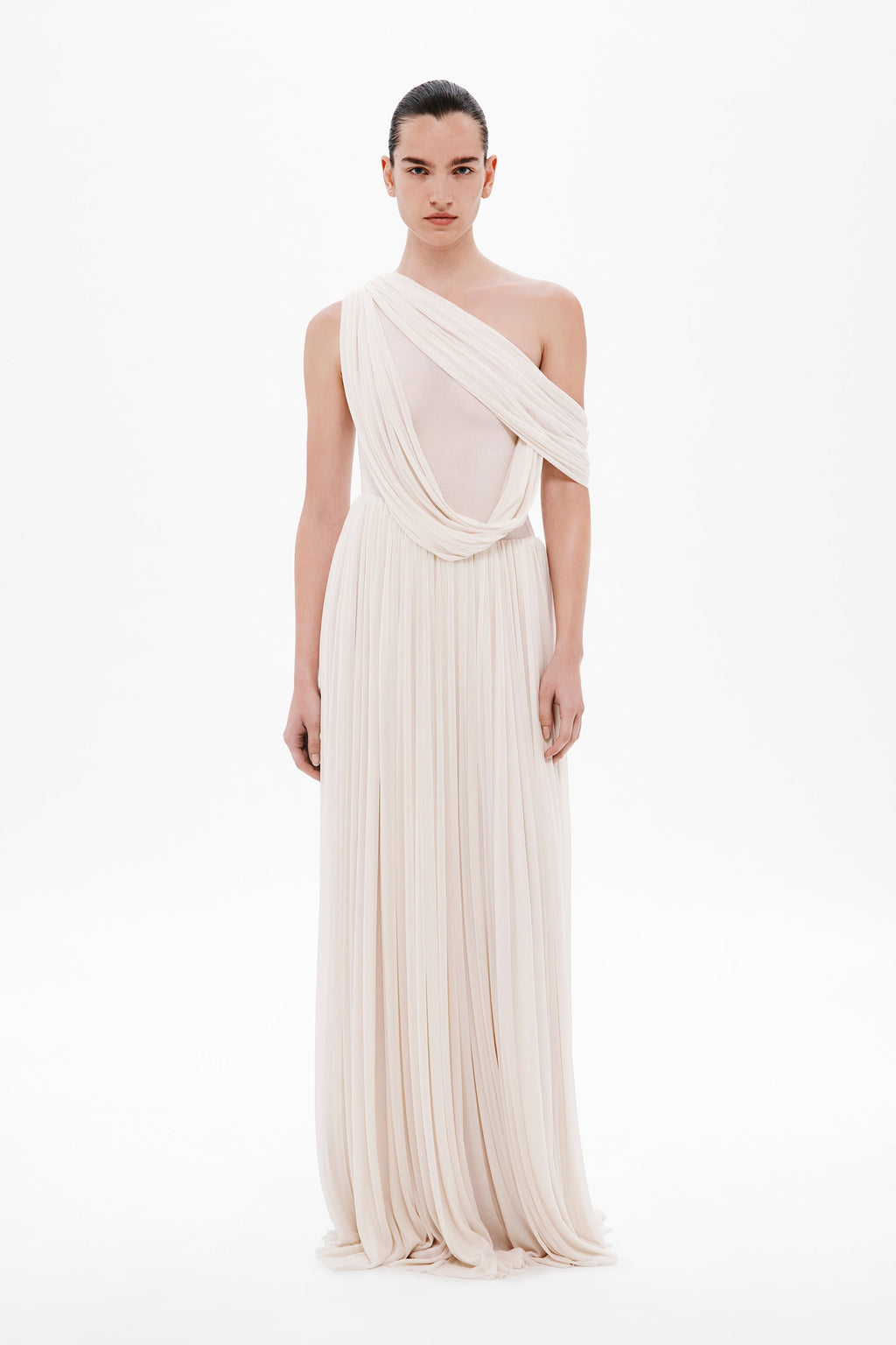Whisper white one-shoulder draped maxi dress with pleated skirt
