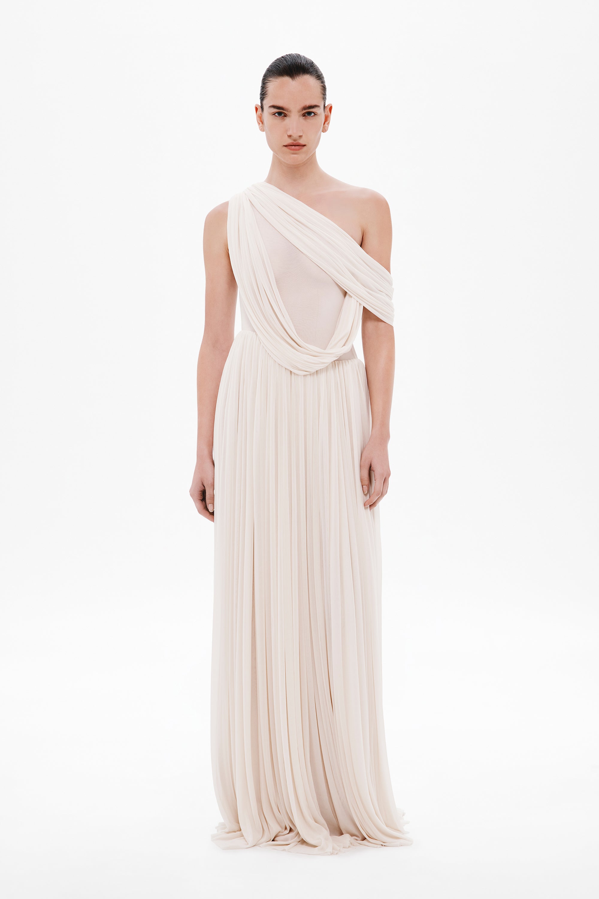 Whisper white one-shoulder draped maxi dress with pleated skirt