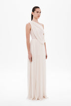Whisper white one-shoulder draped maxi dress with fitted bodice and pleated skirt