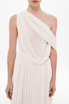 Whisper white one-shoulder draped bodice with twisted sash and pleated texture