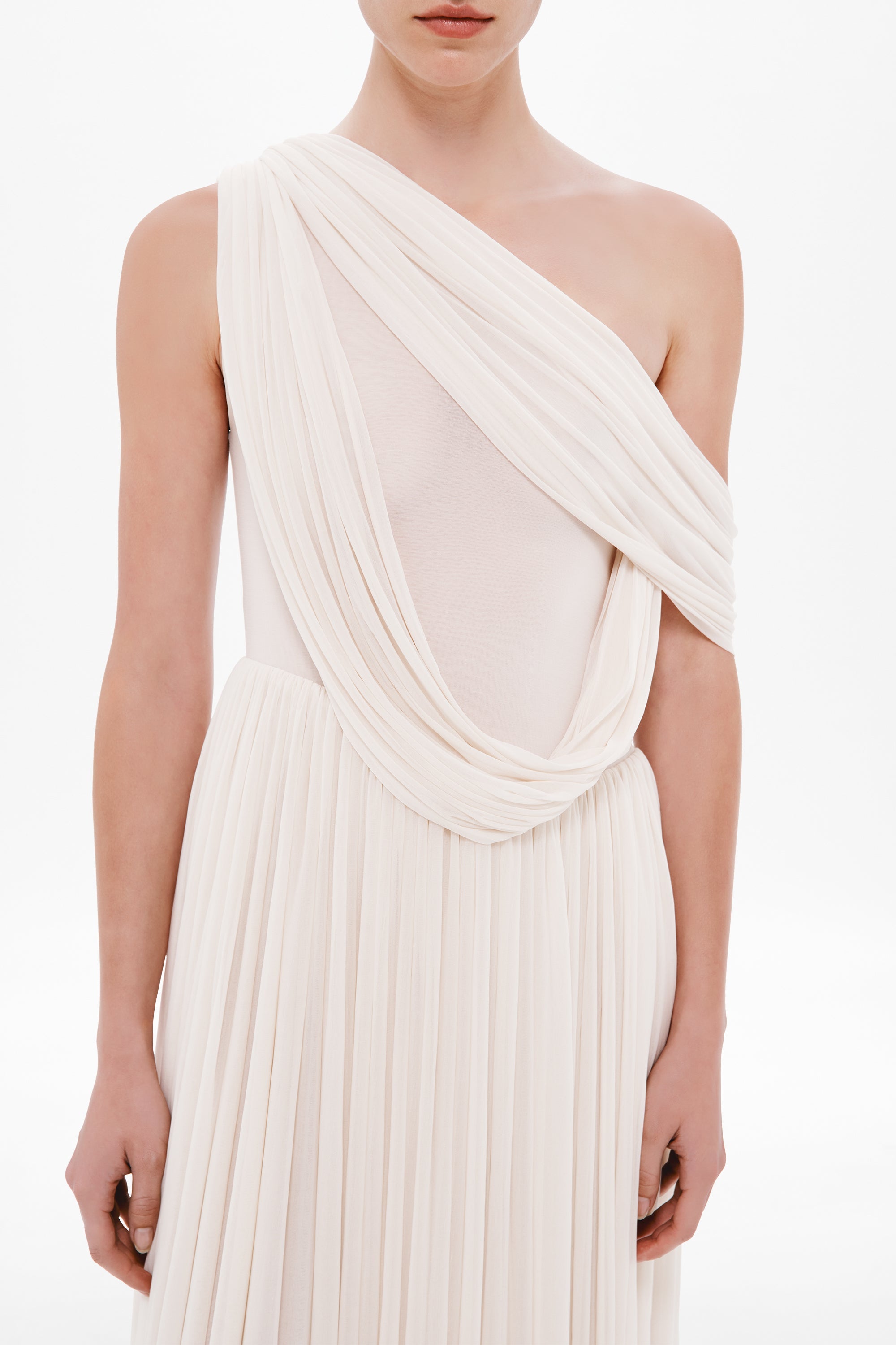 Whisper white one-shoulder draped bodice with twisted sash and pleated texture