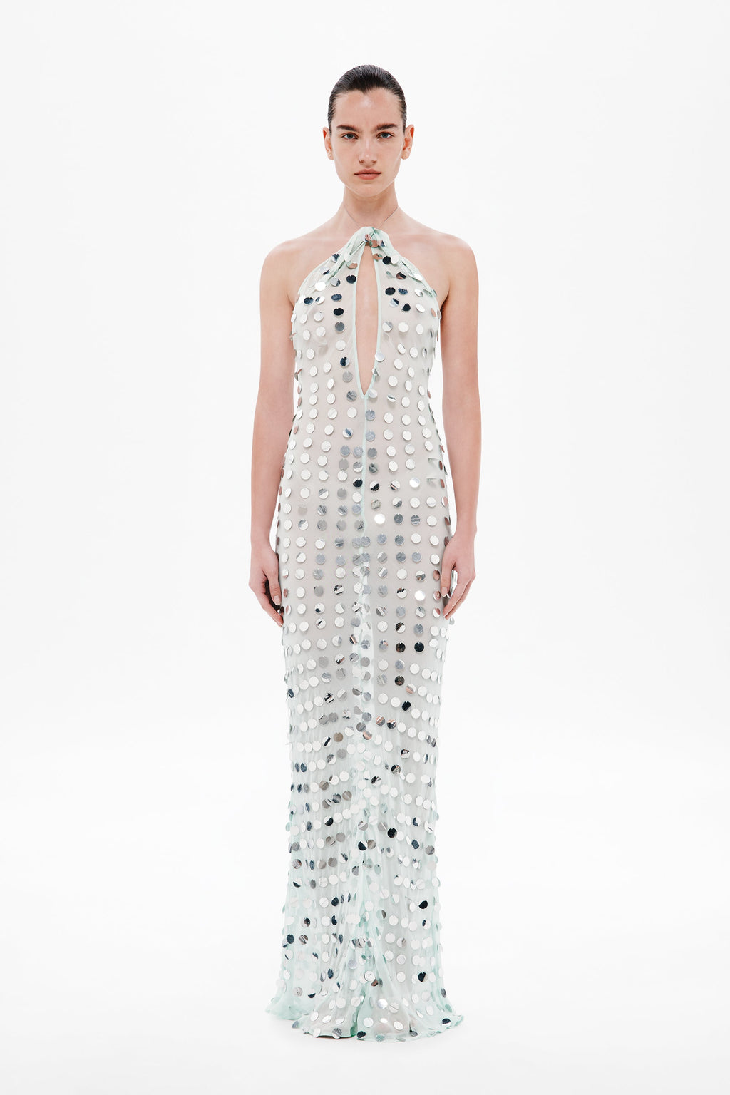 Mint mirror bead halter maxi dress with sleeveless column silhouette