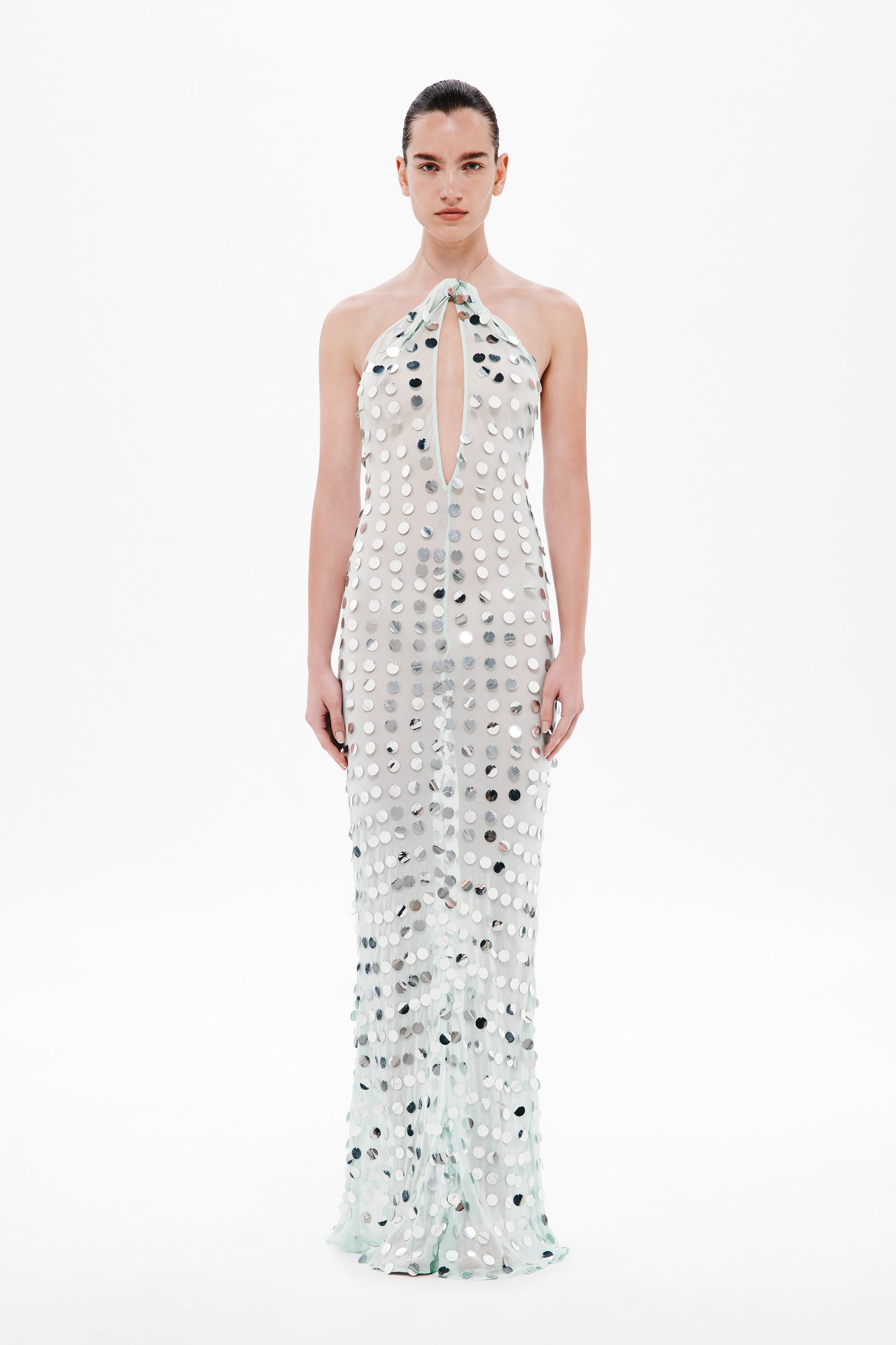 Mint mirror bead halter maxi dress with sleeveless column silhouette