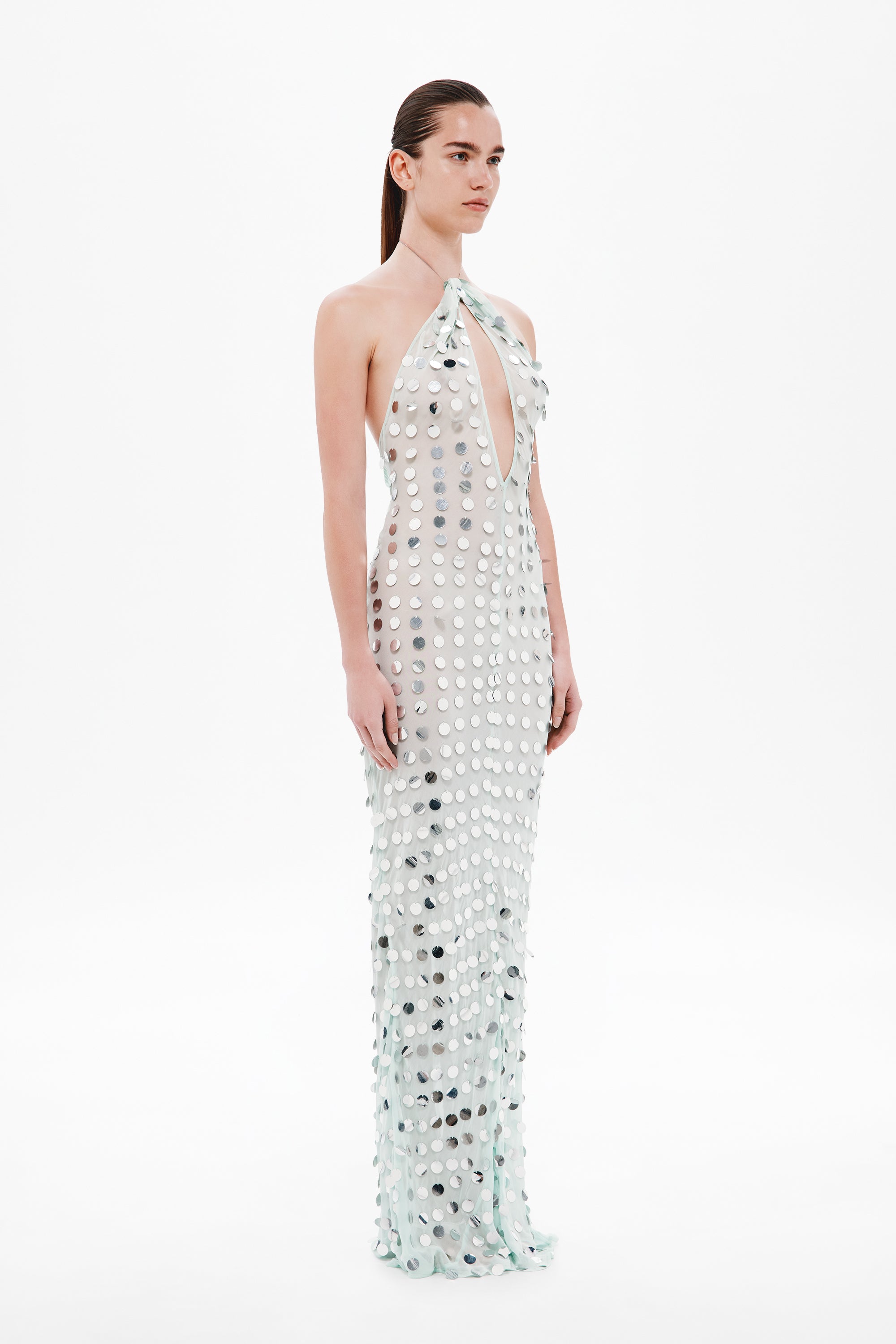 Mint mirror bead halter maxi dress, sleeveless halter neckline and draped detail