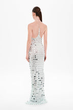 Mint mirror bead halter maxi dress, open-back view with long fitted skirt