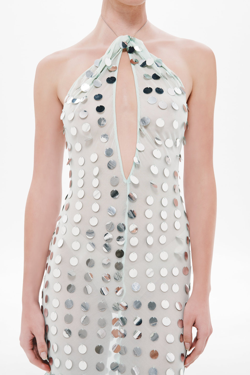 Mint mirror bead halter neckline dress with keyhole cutout and bead embellishment