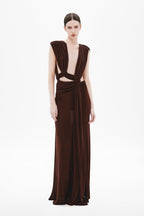Chocolate sleeveless draped rib dress, deep V neckline, twisted wrap detail