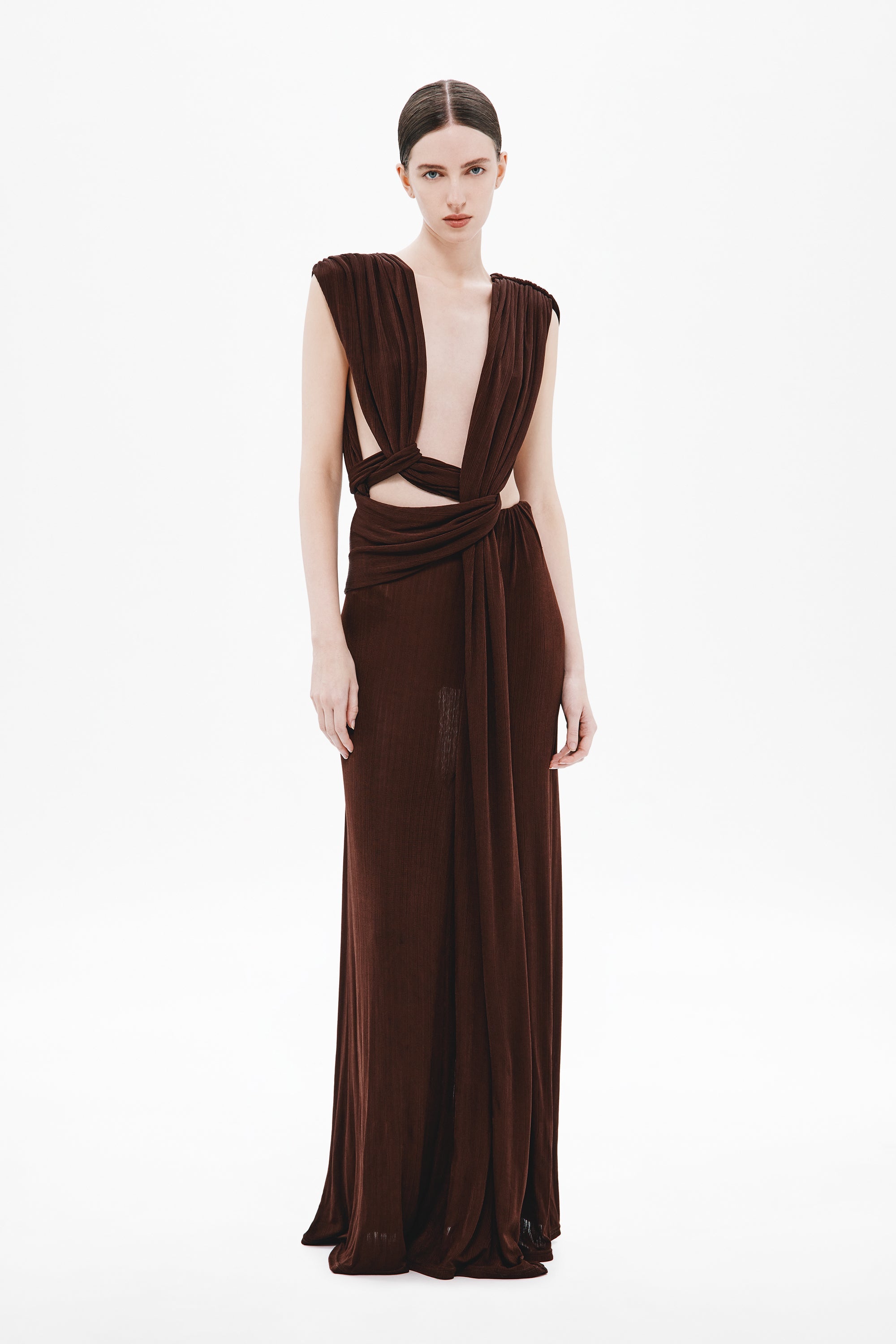 Chocolate sleeveless draped rib dress, deep V neckline, twisted wrap detail