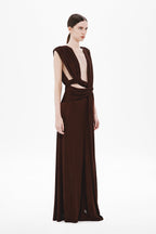 Chocolate sleeveless draped rib dress with deep V and diagonal gathered waist