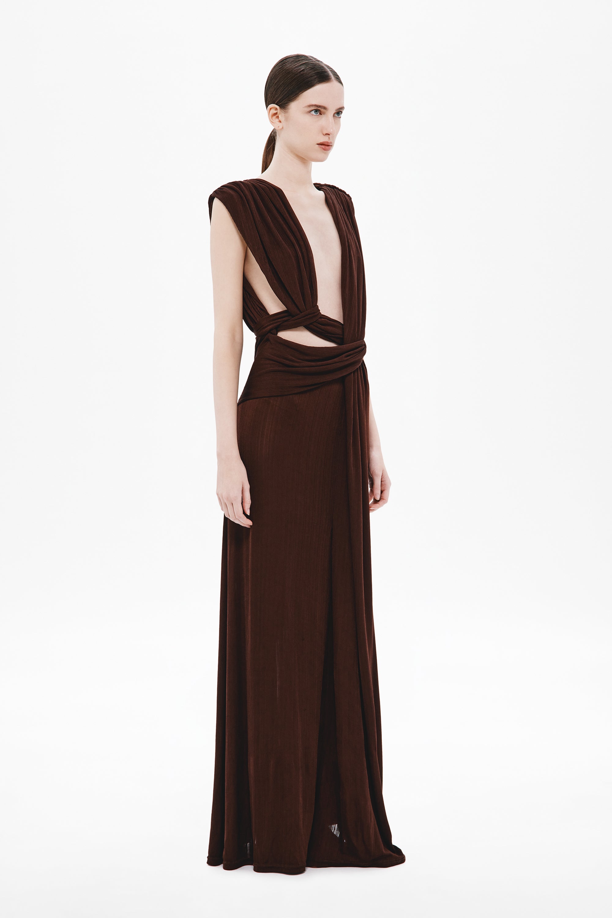Chocolate sleeveless draped rib dress with deep V and diagonal gathered waist