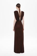 Chocolate sleeveless draped rib dress with open back and V-shaped back panel