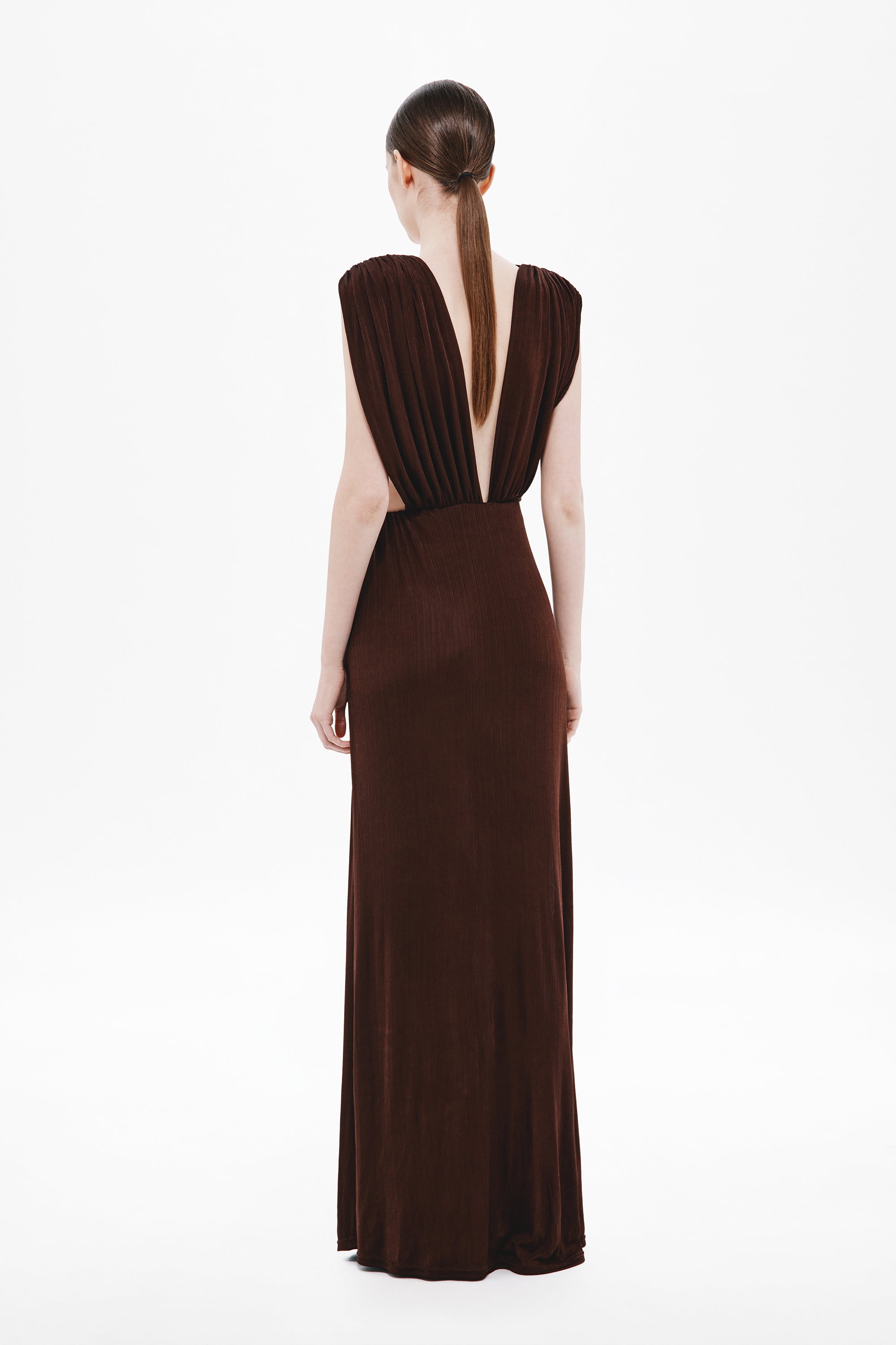 Chocolate sleeveless draped rib dress with open back and V-shaped back panel