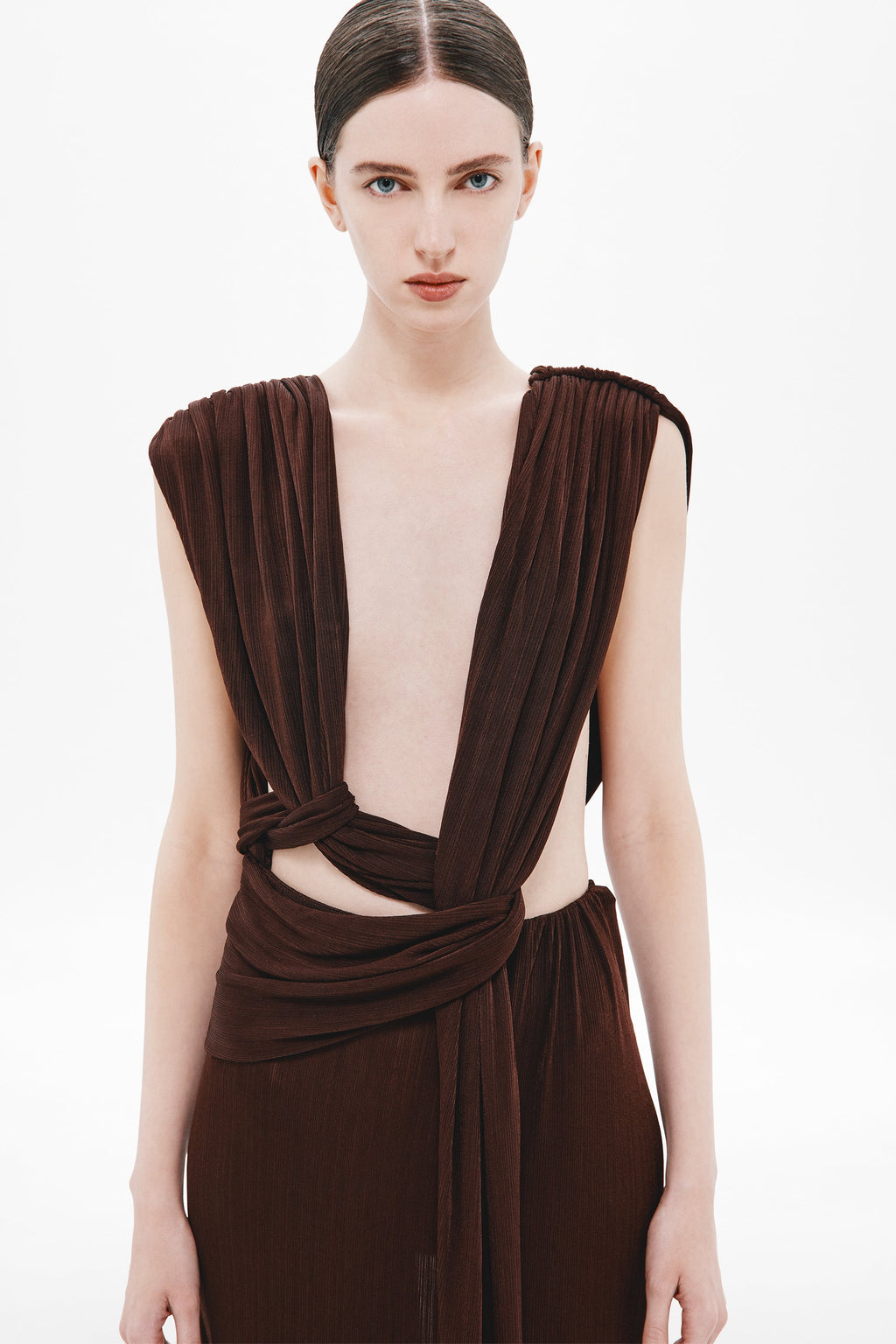 Chocolate sleeveless draped rib dress bodice with ruched V and wrap tie