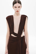 Chocolate sleeveless draped rib dress bodice with ruched V and wrap tie