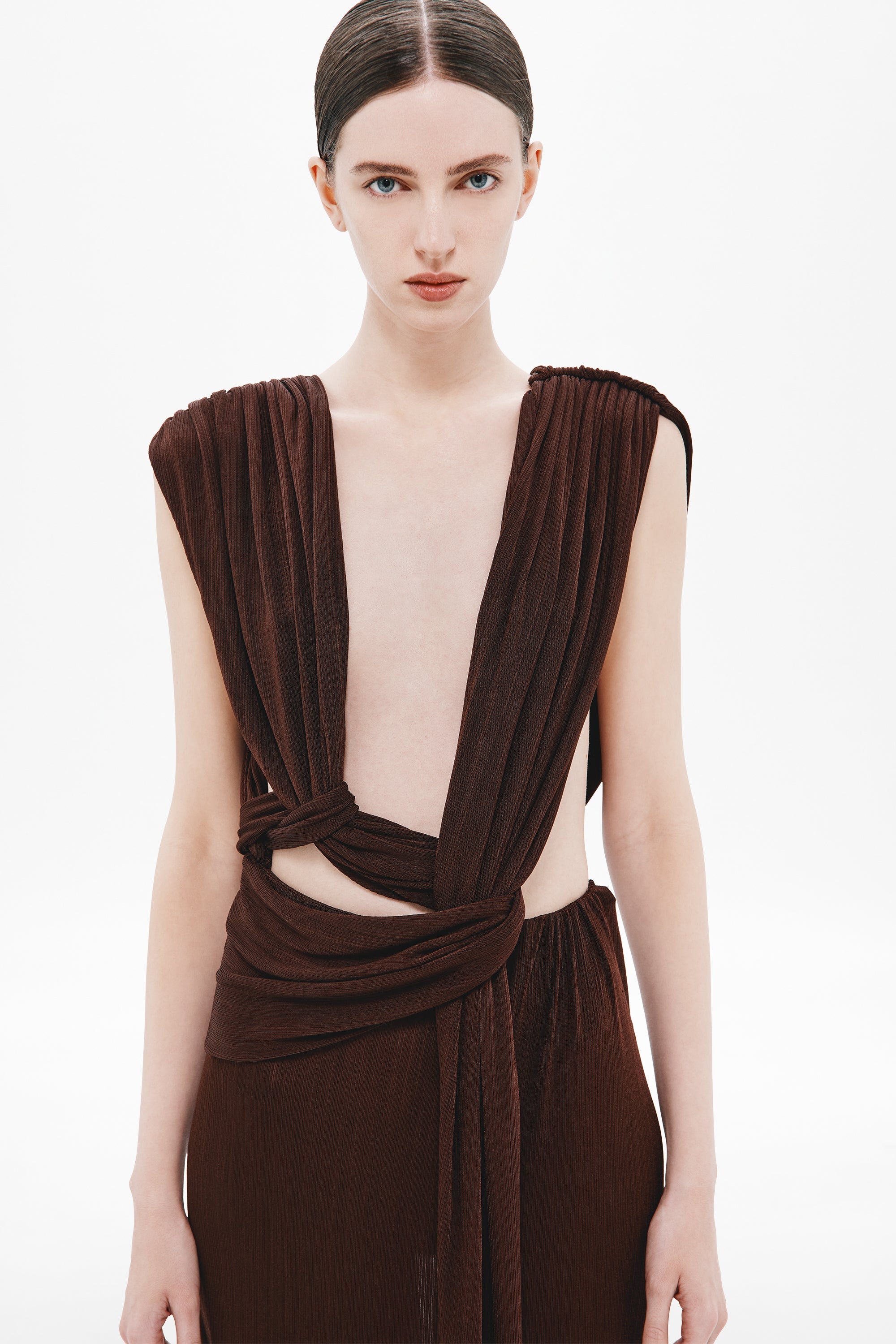 Chocolate sleeveless draped rib dress bodice with ruched V and wrap tie