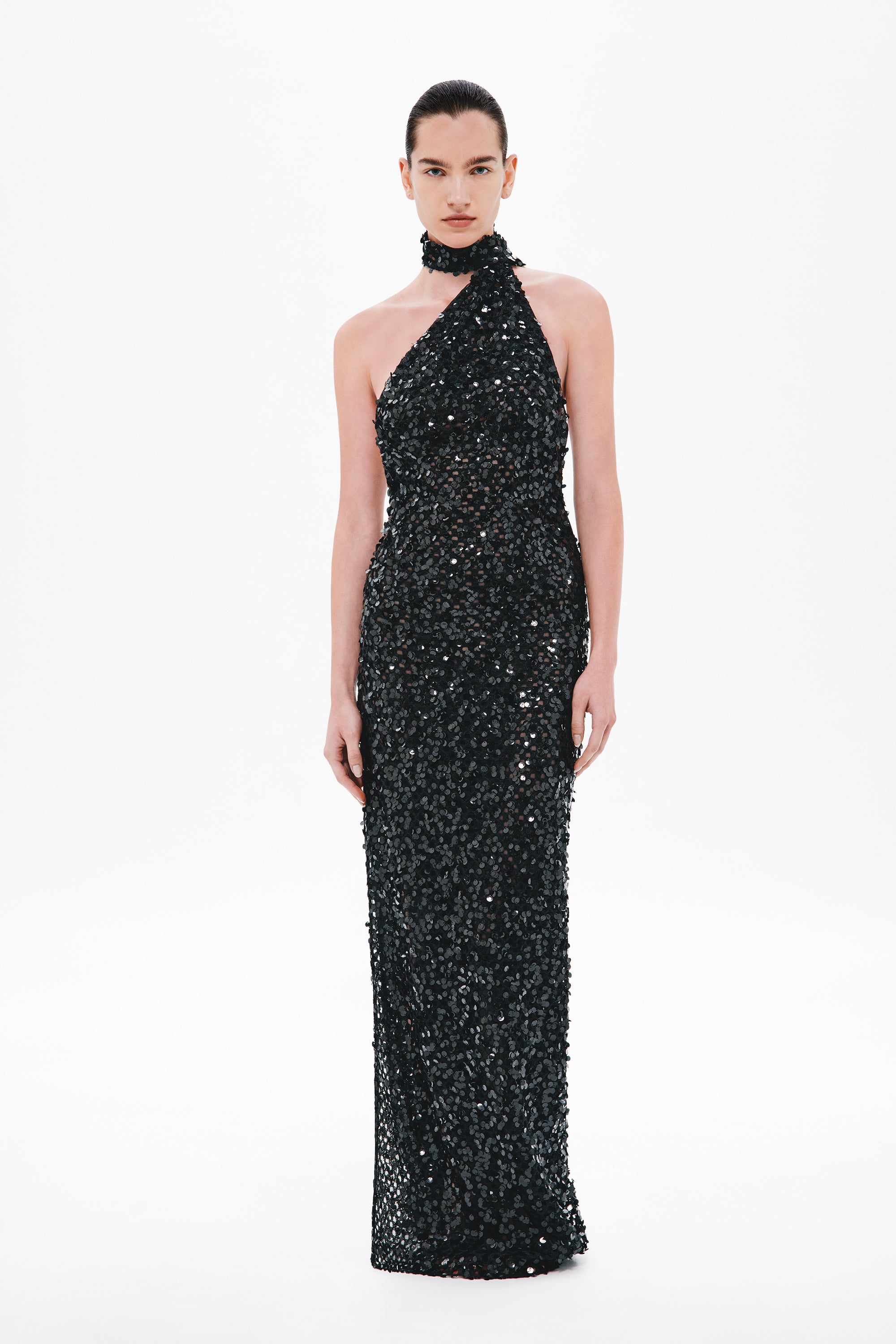 Black halter sequin crochet maxi dress with high neckline and column fit