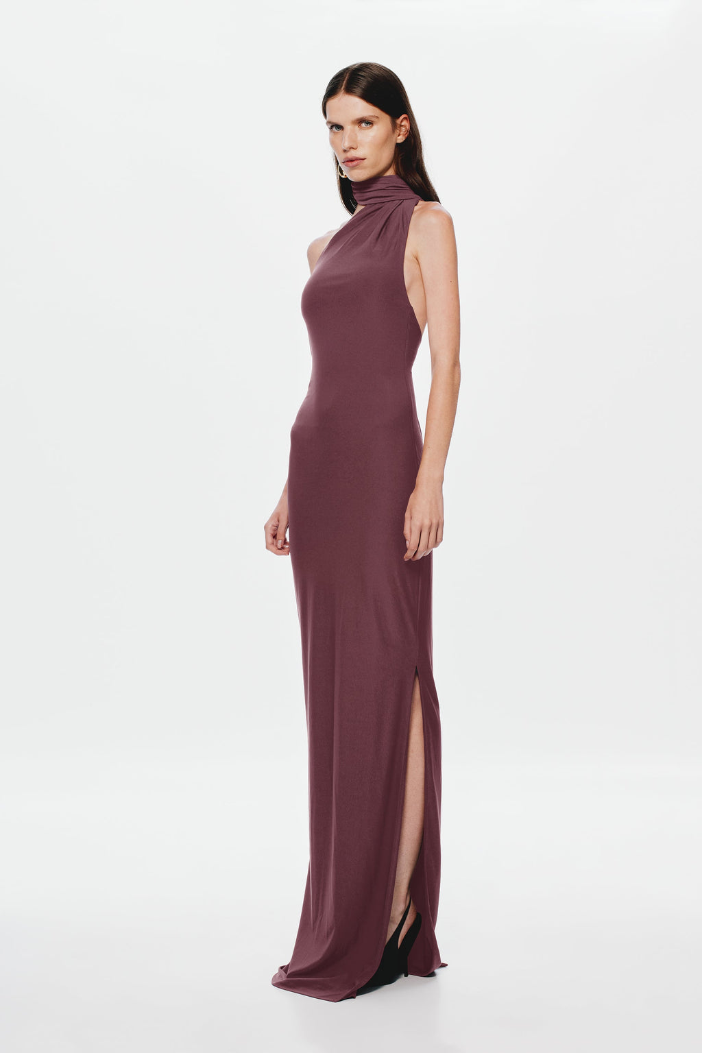 Fig sleeveless jersey maxi dress with high neck and leg slit