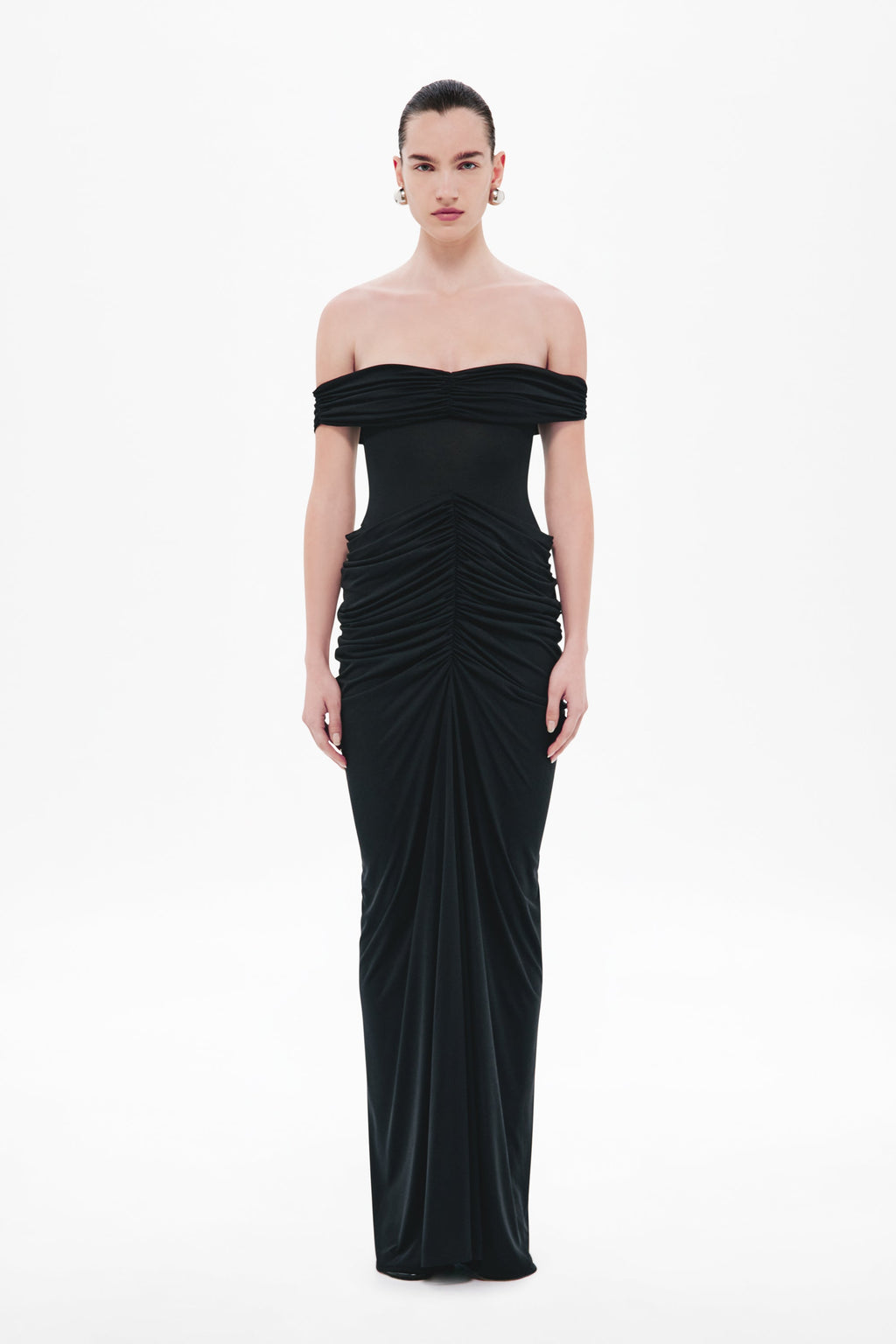 Black off-shoulder maxi dress with pleated ruching and column skirt