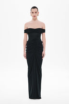 Black off-shoulder maxi dress with pleated ruching and column skirt