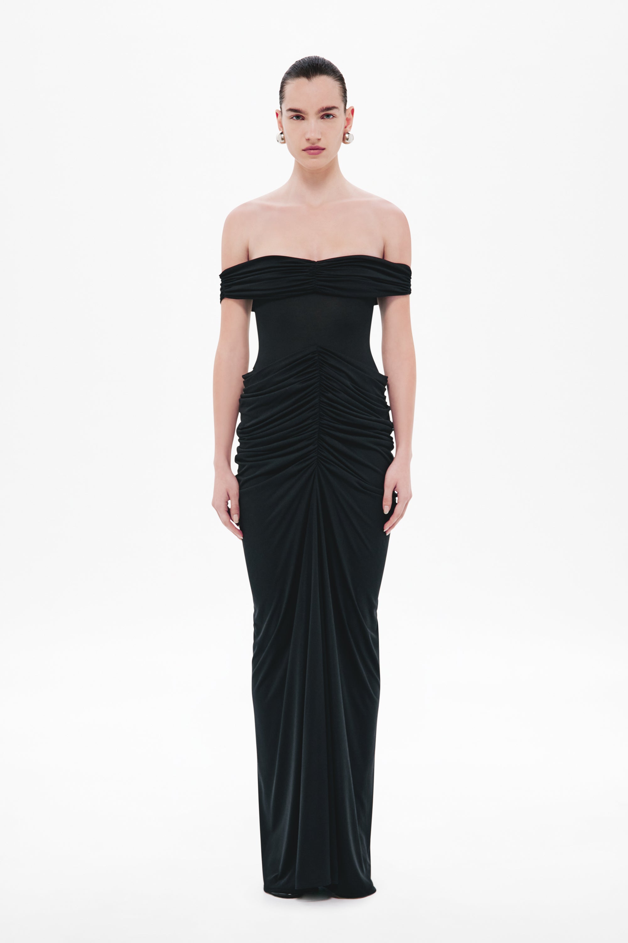 Black off-shoulder maxi dress with pleated ruching and column skirt