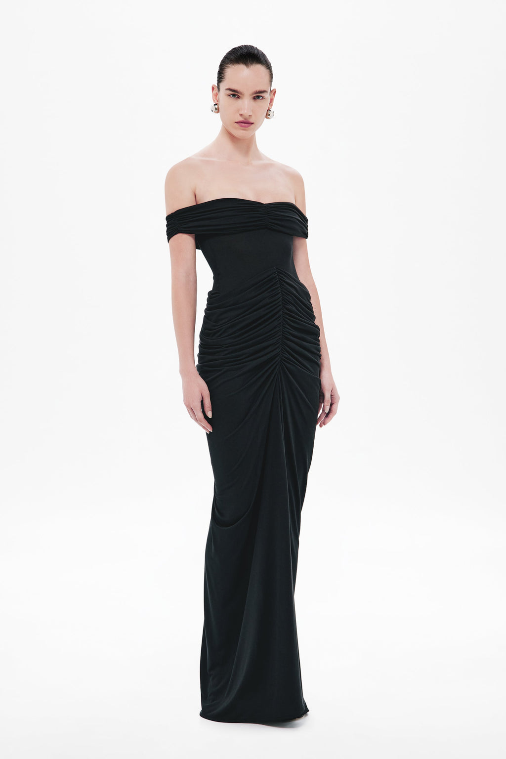 Black off-shoulder maxi dress with ruched front and side drape detail