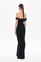 Black off-shoulder maxi dress with ruched back panel and gathered shoulder