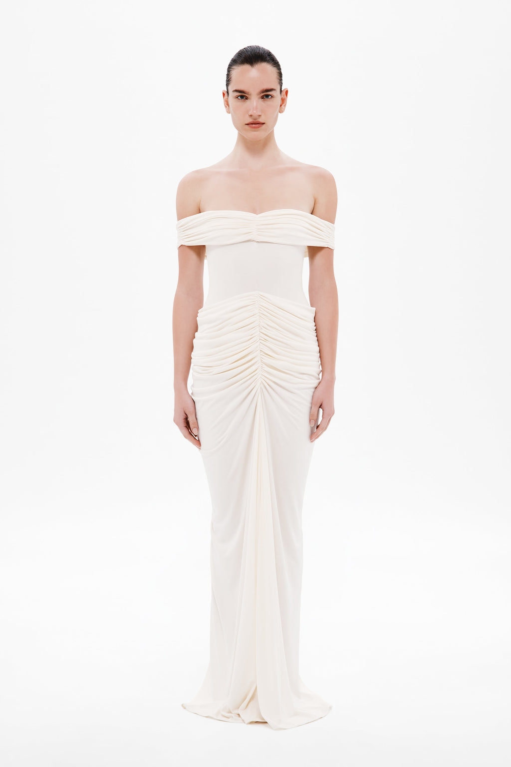 Off-shoulder maxi dress in off-white with sweetheart neckline and ruched center