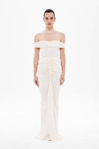 Off-shoulder maxi dress in off-white with sweetheart neckline and ruched center