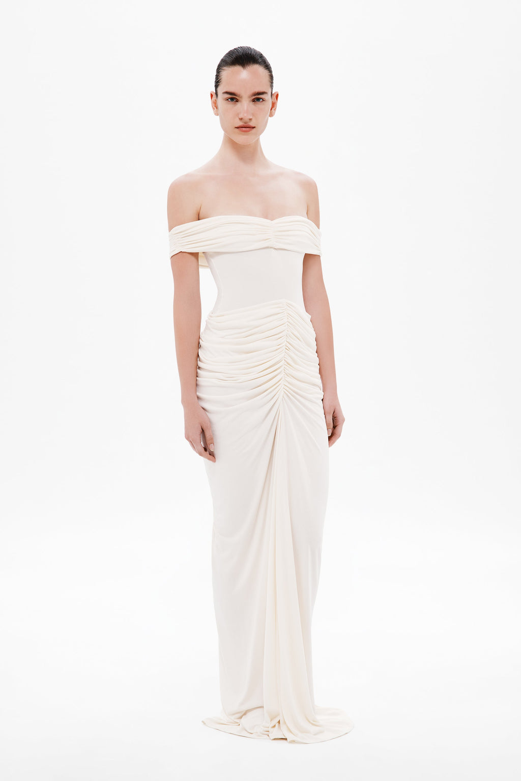 Off-shoulder maxi dress in off-white with ruched bodice and draped waist