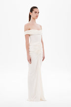 Off-shoulder maxi dress in off-white with ruched waist and draped side