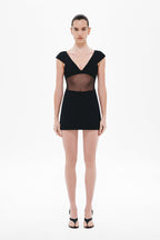 Black mini dress with V-neck, cap sleeves, sheer bonded chest/waist panels
