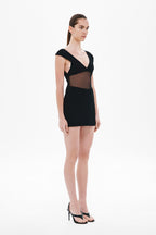 Black mini dress with V-neck and cap sleeves, sheer side panel details