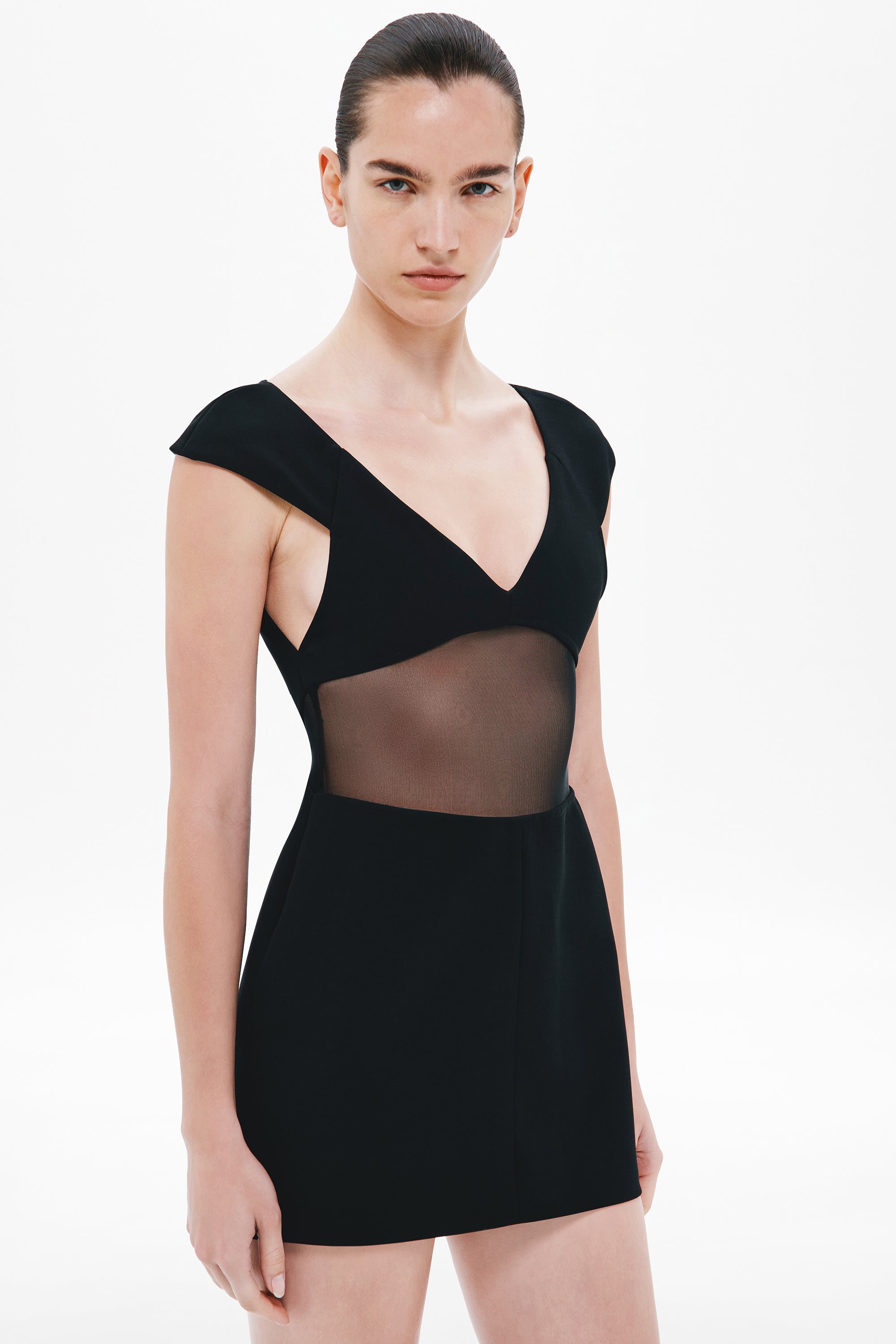 Black mini dress with V-neck and cap sleeves, sheer bonded panel across bodice