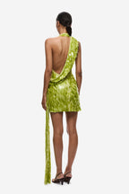 Lime green sequin mini dress, open back halter with draped sequin fringe tail.