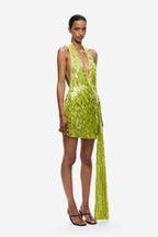 Lime green sequin mini dress with deep V halter front and long tassel fringe.