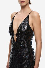 Black sequin maxi dress with deep V neckline and cutout front, spaghetti straps