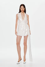 Ivory sequin mini dress, sleeveless with deep V neckline and straight mini hem