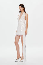 Ivory sleeveless sequin mini dress with deep V front and draped side panel