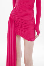 Cerise long-sleeve mini dress with ruched side draping and pleated folds